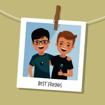 Best friends photo. Two happy boys smiling. People vector illustration