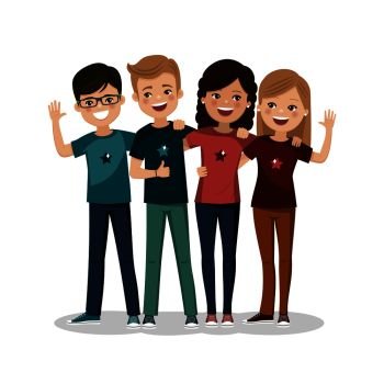 Friends hugged together. Youth people. Happy boys and girls. Isolated flat vector illustration