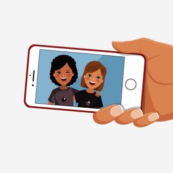 Happy friends photo in a smartphone. Girls are photographed together. Isolated flat vector illustration
