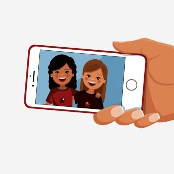 Happy friends photo in a smartphone. Pretty girls are photographed together. Isolated flat vector illustration