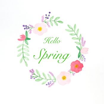 Hello spring on flowers wreath watercolor illustration on white paper background, Hand drawing flowers in watercolor style, Spring season greeting card background, banner
