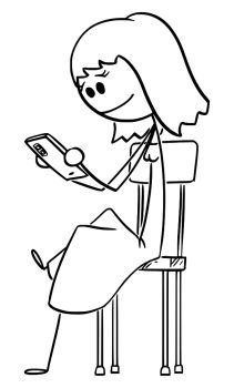 Vector cartoon stick figure drawing conceptual illustration of woman sitting on chair and using mobile phone or smartphone and checking social networks or media.. Vector Cartoon Illustration of Woman Sitting on Chair and Using Mobile Phone or Tablet, Checking Social Networks or Media