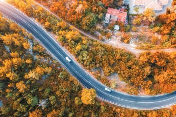 Aerial view of road in beautiful autumn forest at sunset. Colorful landscape with empty road from above, trees with red, yellow and orange leaves in fall. Top view from drone of highway. Autumn colors