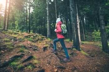 Young woman with backpack is walking in green forest at sunset in spring. Slim girl  in red jacket is hiking in sunny evening. Beautiful scene with tourist, trees, green grass. Travel and tourism