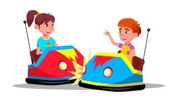 Characters Children Driving Bumper Car Vector. Happy Laughing Funny Boy And Girl On Bumper Auto Wheel Attraction At Amusement Park. Enjoyment Family Time Colorful Flat Cartoon Illustration. Characters Children Driving Bumper Car Vector