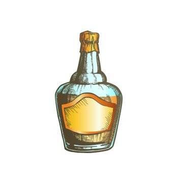 Blown Scotch Whisky Bottle With Foil Cap Vector. Simple Hand Drawn Sketch Bottle Of Classical England Alcoholic Beverage. Mockup Old Glass Container With Blank Label Illustration. Color Blown Scotch Whisky Bottle With Foil Cap Vector