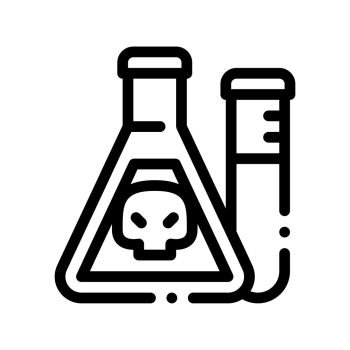 Flask With Chemical Liquid Vector Thin Line Icon. Chemical Toxic Poison In Container Environmental Pollution, Radiological Contamination Linear Pictogram. Contour Illustration. Flask With Chemical Liquid Vector Thin Line Icon