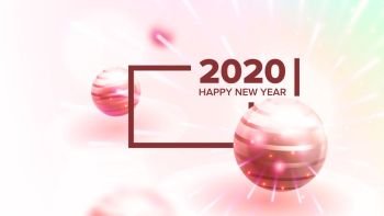 Creative Invitation Card Celebrating 2020 Vector. Realistic Yellow Golden Air Water Bubble Bulb And Number 2020 Two Thousand Twenty And Fireworks On Greeting-card. Horizontal Poster 3d Illustration. Creative Invitation Card Celebrating 2020 Vector