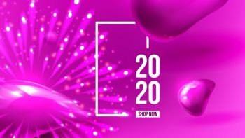 Beautiful Happy New Year Xmas 2020 Banner Vector. Realistic Striped Christmas-tree Balls And Number 2020 Two Thousand Twenty Decorated Glints Background. Creative Post Card 3d Illustration. Beautiful Happy New Year Xmas 2020 Banner Vector