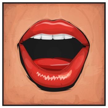 Illustration of a cartoon comic woman sexy mouth with red lipsticks and grunge texture. Comic Books Girl Mouth With Red Lipsticks