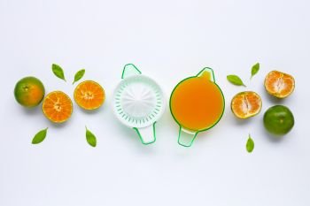 Citrus orange juicer with oranges on white background.