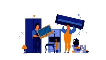 Service packing people furniture vector illustration worker man. Delivery truck box transportation shipping business home. Fast courier package express company. Logistic moving office storage location