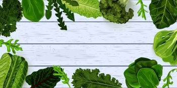 Dark green leafy vegetables frame on white wooden shabby desk. vector illustration template for decoration, fresh juicy raw leaves. Spinach, broccoli, kale, Collard. Healthy diet, vegetarian salads. Dark green leafy vegetables frame on white wooden shabby desk. vector illustration. for decoration, fresh