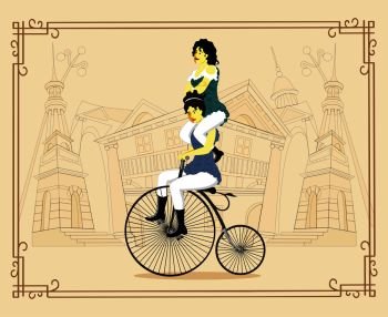 Women on a retro bicycle on cityscape background vector Illustration isolated. Women on a retro bicycle on cityscape background vector Illustration