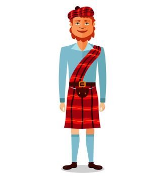 Scottish man in kilt in national clothes flat cartoon vector illustration isolated on white background