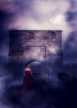 Digital rendered medieval fortress in the fog and woman, 3d illustration.