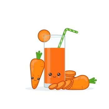 carrot juice. Cute kawai smiling cartoon juice with slices in a glass with juice straw.