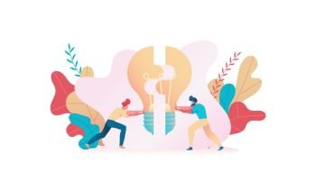 Two people connect the puzzle light bulb. Metaphor of the search for ideas. The concept of team office work, collaboration, brainstorming. Vector flat illustration.