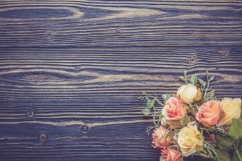 Bouquet of flower and empty rustic wooden table with copy space, table empty with flower romantic, top view, vintage retro style.