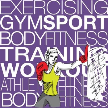 Illustration of woman with boxing gloves at workout, at gym