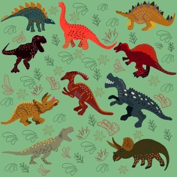 Colourful dinosaurs flat hand drawn composition. Green background. Greeting card, poster design element. . Colourful dinosaurs flat hand drawn composition. 