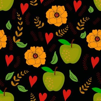 Green apple and yellow flower seamless pattern on black background. Flat cartoon style. Vector design for wrapping paper, background, cards, fabric.. Green apple and yellow flower seamless pattern on black.
