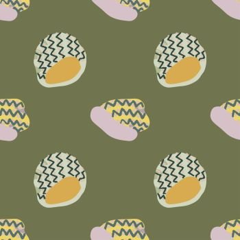 Colourful knitted beanies seamless pattern on khaki green background. Web, wrapping paper, textile, wallpaper design, background fill.. Colourful knitted beanies seamless pattern on khaki green background