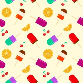 Summer background with fruity popsicle, orange and cherry furit. summertime seamless pattern with ice cream pop stick. Summer tropical elements vector.