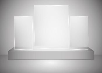 A rectangular podium with a glass pedestal or platform illuminated by spotlights on a gray background. Scene with picturesque lights. Vector illustration.. A rectangular podium with a glass pedestal or platform illuminated by spotlights on a gray background. Scene with picturesque lights. Vector illustration