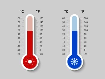 Cold warm thermometer. Temperature weather thermometers meteorology celsius fahrenheit scale, temp control thermostat device flat vector icon. Cold warm thermometer. Temperature weather thermometers celsius fahrenheit meteorology scale, temp control device flat vector icon