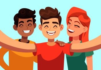 Selfie with friends. Friendly smiling teenagers taking group photo portrait. Happy people vector cartoon characters with fun laughing guy smile. Selfie with friends. Friendly smiling teenagers taking group photo portrait. Happy people vector cartoon characters