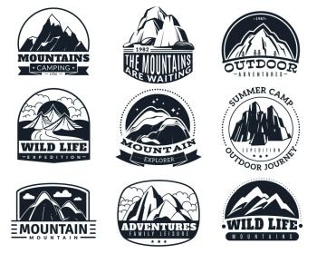 Mountain emblems. Hiking labels with snow mountains peak landscape. Mountaineering camp and tourism vintage vector logo sports adventure drawing pictograms set. Mountain emblems. Hiking labels with snow mountains peak landscape. Camp and tourism vintage vector logo set