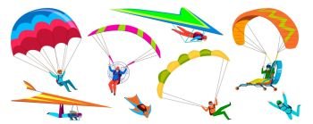 Skydivers. Skydiving adventure, people jump with parachute in sky, fly with paraglider and free flight. Cartoon vector extremely dangerous falling skydive characters. Skydivers. Skydiving adventure, people jump with parachute in sky, fly with paraglider and free flight. Cartoon vector characters