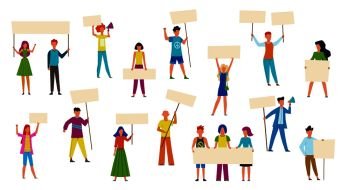 Protesting people. Peaceful protest march, men and women holding blank placards and banner meeting in political action flat vector isolated protesters set. Protesting people. Peaceful protest march, men and women holding blank placards and banner meeting in political action flat vector set