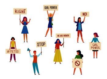 Women protesters. Feminism activists fight for rights or against something. Women holding placards, political meeting vector protest democracy righting concept. Women protesters. Feminism activists fight for rights or against something. Women holding placards, political meeting vector concept