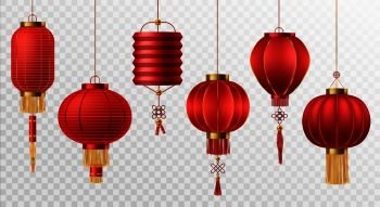 Chinese lanterns. Japanese asian new year red lamps festival 3d chinatown traditional realistic element vector asia religion symbol set. Chinese lanterns. Japanese asian new year red lamps festival 3d chinatown traditional realistic element vector set