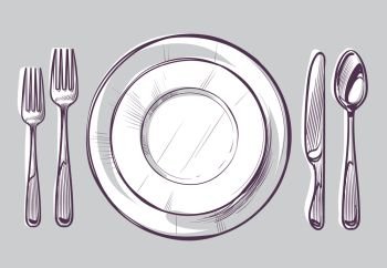 Sketch plate fork and knife. Dinner cutlery and empty dish on table, dining silverware top view hand drawn doodle vector restaurant white isolated utensils illustration. Sketch plate fork and knife. Dinner cutlery and empty dish on table, dining silverware top view hand drawn doodle vector illustration