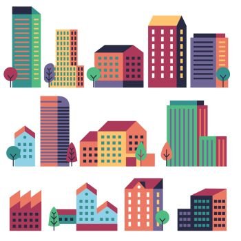 Minimal buildings. City skyline, geometric urban landscape elements for town construction. Flat residential houses and trees vector apartment home set. Minimal buildings. City skyline, geometric urban landscape elements for town construction. Flat residential houses and trees vector set