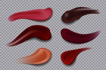 Lipstick smudge. Realistic sample make-up product. Lipsticks 3D strokes cosmetic smear. Vector illustration gloss colors products decorative makeup for woman lips on transparent background. Lipstick smudge. Realistic make-up product. Lipsticks 3D strokes. Vector illustration