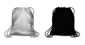 Realistic drawstring bags. Blank black and white backpack mockup for corporate identity, sport pack for accessory. Vector blank template two textile pack for gift or materials. Realistic drawstring bags. Blank black and white backpack mockup for corporate identity, sport pack for accessory. Vector template