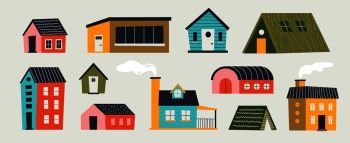 Trendy houses. Cartoon tiny buildings with hand drawn textures trees and weather elements with different roof. Vector illustration paper cut flat colored design for funny games interface. Trendy houses. Cartoon tiny buildings with hand drawn textures trees and weather elements. Vector paper cut flat colored design