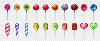 Colorful lollipop set. Round and spiral sweet lolly candies. Sugar food on stick for holiday icon. Vector illustration realistic lollipops with sour fruit citrus taste. Colorful lollipop set. Round and spiral sweet lolly candies. Sugar food on stick. Vector realistic lollipops