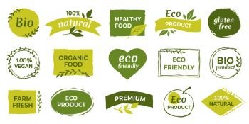 Eco logo. Organic healthy food labels and vegan products badge, nature farmed food tags. Vector design elements image gluten free and bio stickers or green tag natures quality. Eco logo. Organic healthy food labels and vegan products badge, nature farmed food tags. Vector gluten free and bio stickers
