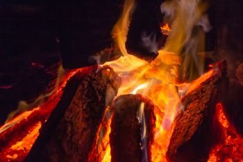 Camp fire - close up of burning wood and intense flames