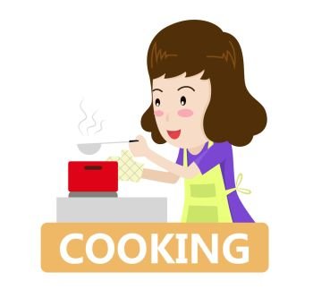Vector illustration of a woman cooking in the kitchen - cooking concept