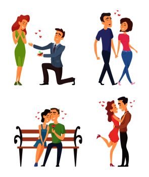 Love couples celebrating valentines day. Funny lovely characters in flat style. Love and happy romantic people, valentine day for woman and man. Vector illustration. Love couples celebrating valentines day. Funny lovely characters in flat style