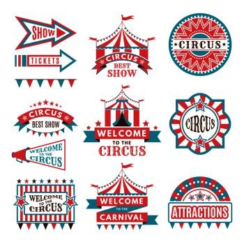Labels in retro style. Logos for circus entertainment. Carnival and circus entertainment, vector illustration. Labels in retro style. Logos for circus entertainment