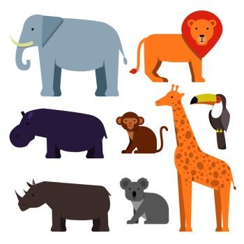 Wild animals in flat style. Vector pictures collection of wild, animals, elephant and giraffe, lion and hippo, rhino and monkey illustration. Wild animals in flat style. Vector pictures collection