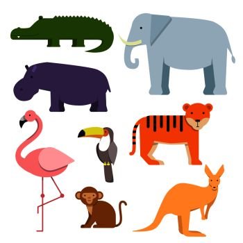 Cartoon clipart of wild animals. Australian fauna animal wild, mammal character, monkey and flamingo, hippopotamus and kangaroo. Vector illustration. Cartoon clipart of wild animals. Australian fauna
