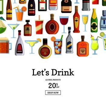 Vector background with alcoholic drinks in glasses and bottles and with place for text. illustration of restaurant menu drink. Vector background with alcoholic drinks in glasses and bottles and with place for text
